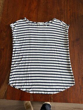 Green Envelope Navy & White Striped Nautical Top | Button Shoulder | Medium